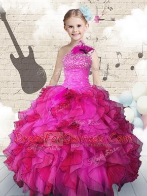 Floor Length Hot Pink Kids Formal Wear One Shoulder Sleeveless Lace Up