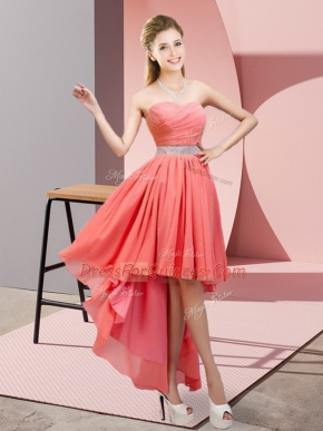 Sweetheart Sleeveless Prom Party Dress High Low Beading Watermelon Red Chiffon