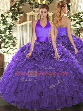 Purple Lace Up Sweet 16 Quinceanera Dress Ruffles Sleeveless Floor Length