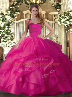 Custom Design Sleeveless Floor Length Ruffles Lace Up Vestidos de Quinceanera with Hot Pink