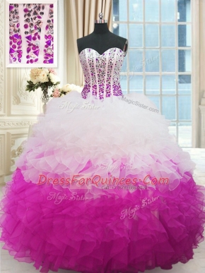 Multi-color Lace Up Ball Gown Prom Dress Beading and Ruffles Sleeveless Floor Length