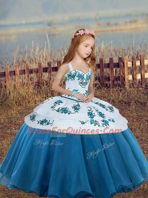 Embroidery Little Girls Pageant Dress Wholesale Blue Lace Up Sleeveless Floor Length