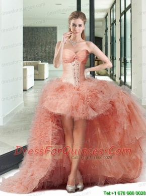 Sturning High Low Pink Prom Dress with Beading and Ruffles For 2015