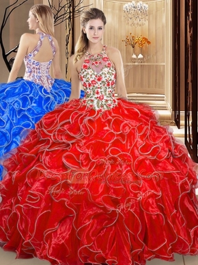 Coral Red Ball Gowns Organza Scoop Sleeveless Embroidery and Ruffles Floor Length Backless 15th Birthday Dress