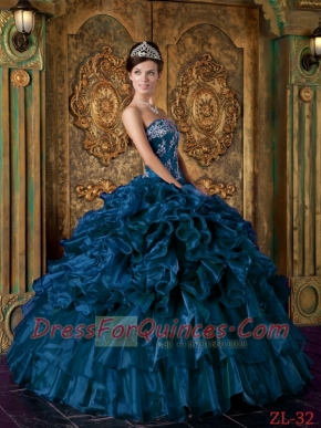 Ruffels Organza Strapless Appliques Ball Gown Dress in Navy Blue