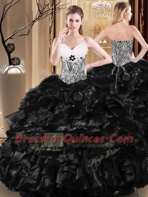 Custom Fit Black Ball Gowns Ruffles and Pattern Quince Ball Gowns Lace Up Tulle Sleeveless Floor Length