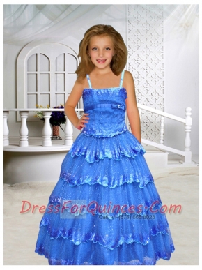 Royal Blue A-Line Spaghetti Straps Belt Little Gril Pageant Dress with Sequins