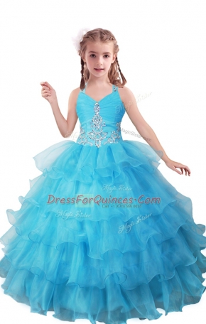 Attractive V-neck Sleeveless Zipper Little Girl Pageant Dress Baby Blue Organza