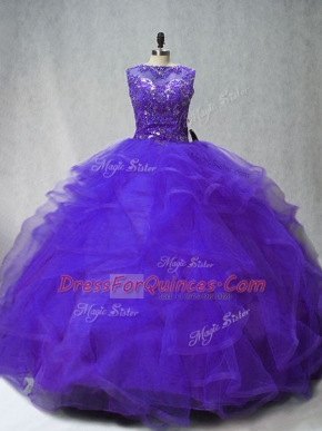 Custom Made Purple Lace Up Quinceanera Gown Beading and Ruffles Sleeveless Brush Train