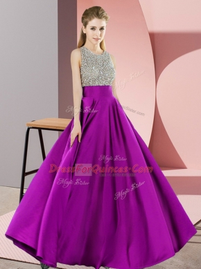 Fashion Purple Elastic Woven Satin Backless Prom Evening Gown Sleeveless Floor Length Beading