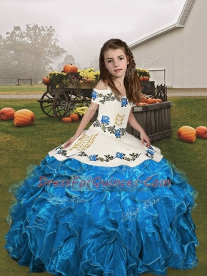 Sleeveless Organza Floor Length Lace Up Kids Formal Wear in Blue and Baby Blue with Embroidery and Ruffles