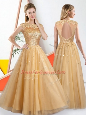 Comfortable A-line Dama Dress for Quinceanera Champagne Bateau Tulle Sleeveless Floor Length Backless