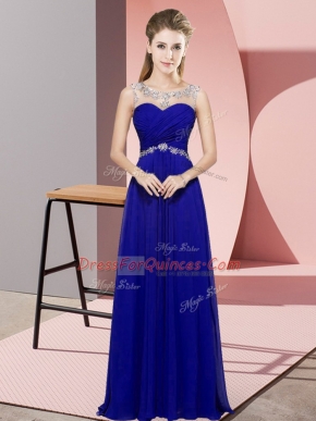 Floor Length Backless Homecoming Dress Blue for Prom and Party and Military Ball with Beading