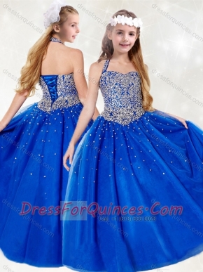 Gorgeous Adorable Halter Top Beading Little Girl Pageant Dress in Royal Blue