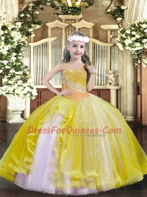 Beading Pageant Dress for Teens Light Yellow Lace Up Sleeveless Floor Length