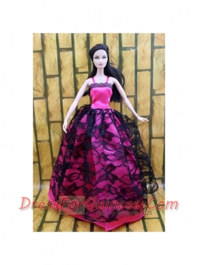 Gorgeous Hot Pink and Black Lace Gown For Barbie Doll
