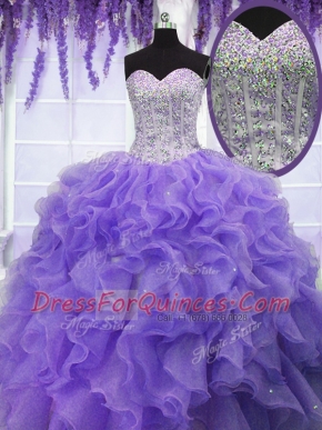 Lavender Ball Gowns Sweetheart Sleeveless Organza Floor Length Lace Up Ruffles and Sequins Vestidos de Quinceanera