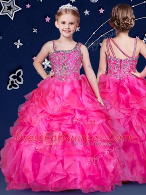Sleeveless Floor Length Beading and Ruffles Zipper Kids Formal Wear with Hot Pink