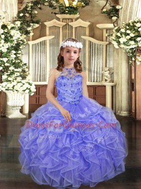 Popular Lavender Ball Gowns Beading and Ruffles Little Girls Pageant Dress Lace Up Organza Sleeveless Floor Length