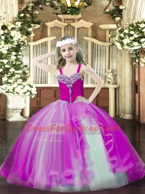 Fuchsia Ball Gowns Tulle Straps Sleeveless Beading Floor Length Lace Up Kids Pageant Dress