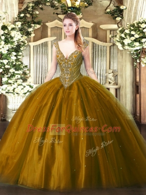 Flare Brown Sweet 16 Dress Military Ball and Sweet 16 and Quinceanera with Beading V-neck Sleeveless Lace Up