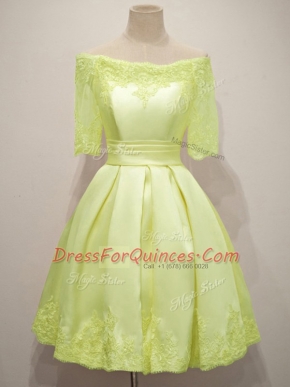 Enchanting Half Sleeves Taffeta Knee Length Lace Up Dama Dress for Quinceanera in Yellow with Lace