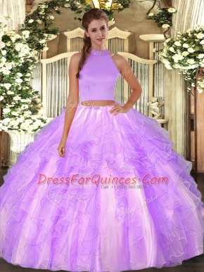Lavender Two Pieces Organza Halter Top Sleeveless Beading and Ruffles Floor Length Backless 15th Birthday Dress