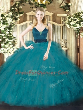 Noble Teal Quince Ball Gowns Military Ball and Sweet 16 and Quinceanera with Beading and Ruffles Straps Sleeveless Zipper