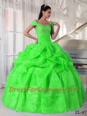 Off The Shoulder Taffeta and Organza Beading Ball Gown Dress in Spring Green
