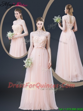 2016 Lovely Empire Bateau Prom Dresses with Appliques and Bowkno