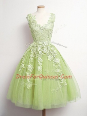 Most Popular V-neck Sleeveless Lace Up Dama Dress Yellow Green Tulle