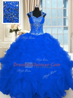 Floor Length Lace Up Sweet 16 Dresses Royal Blue for Military Ball and Sweet 16 and Quinceanera with Beading and Ruffles