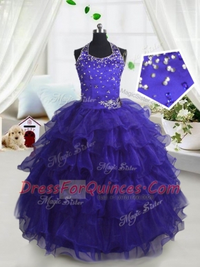 Best Scoop Beading and Ruffled Layers Flower Girl Dresses Navy Blue Lace Up Sleeveless Floor Length