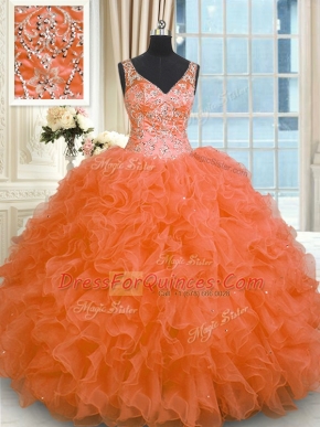 Organza V-neck Sleeveless Zipper Beading and Ruffles Quinceanera Dress in Orange Red