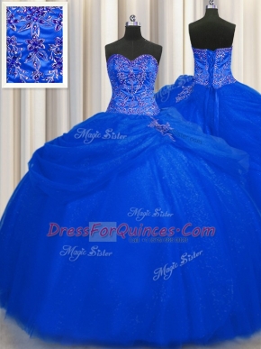 Simple Big Puffy Royal Blue Sleeveless Floor Length Beading Lace Up Quinceanera Dress