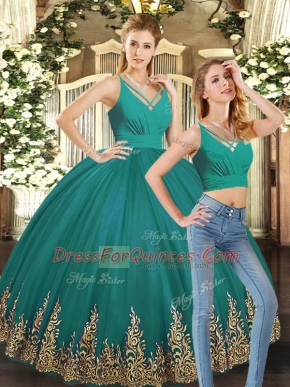 Stylish V-neck Sleeveless Backless Sweet 16 Dress Turquoise Tulle