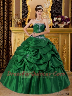 Romantic Green Ball Gown Strapless With Taffeta Appliques Discount Quinceanera Dress