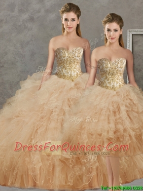 Wonderful Big Puffy Champagne Detachable Quinceanera Dresses with Beading and Ruffles