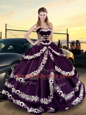 Attractive Purple Satin and Silk Like Satin Lace Up Sweetheart Sleeveless Floor Length Quince Ball Gowns Embroidery and Ruffled Layers