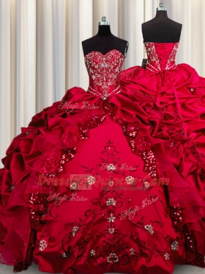 On Sale Embroidery Sequins Red Sleeveless Beading and Appliques and Ruffles Floor Length 15 Quinceanera Dress