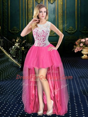 Hot Pink A-line Organza Scoop Sleeveless Beading High Low Zipper Homecoming Dress Brush Train