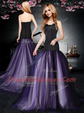 Top Selling Strapless Sleeveless Prom Evening Gown With Brush Train Ruching Black and Purple Tulle