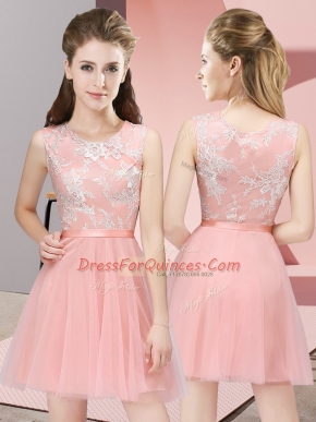 Baby Pink Tulle Side Zipper Quinceanera Dama Dress Sleeveless Mini Length Lace