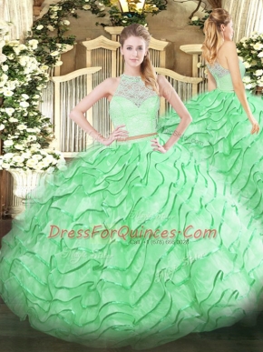 High Quality Apple Green Scoop Zipper Lace and Ruffles 15th Birthday Dress Brush Train Sleeveless
