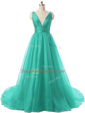 Ideal A-line Sleeveless Turquoise Prom Dresses Brush Train Backless