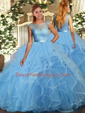 Fabulous Aqua Blue Backless Scoop Ruffles Sweet 16 Dresses Organza Sleeveless