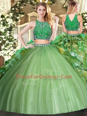 Discount High-neck Sleeveless 15 Quinceanera Dress Floor Length Beading and Ruffles Olive Green Tulle