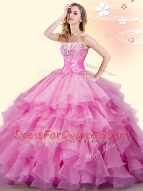 Adorable Floor Length Lace Up Sweet 16 Quinceanera Dress Rose Pink for Military Ball and Sweet 16 and Quinceanera with Beading and Ruffles
