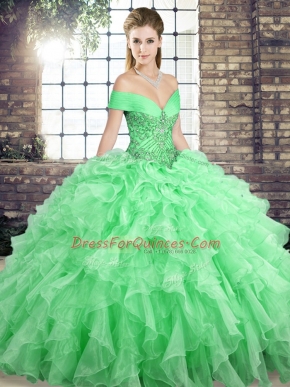 New Style Organza Sleeveless Ball Gown Prom Dress Brush Train and Beading and Ruffles
