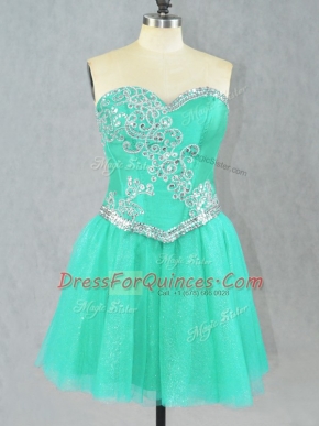 Sweetheart Sleeveless Prom Dress Mini Length Beading Turquoise Tulle